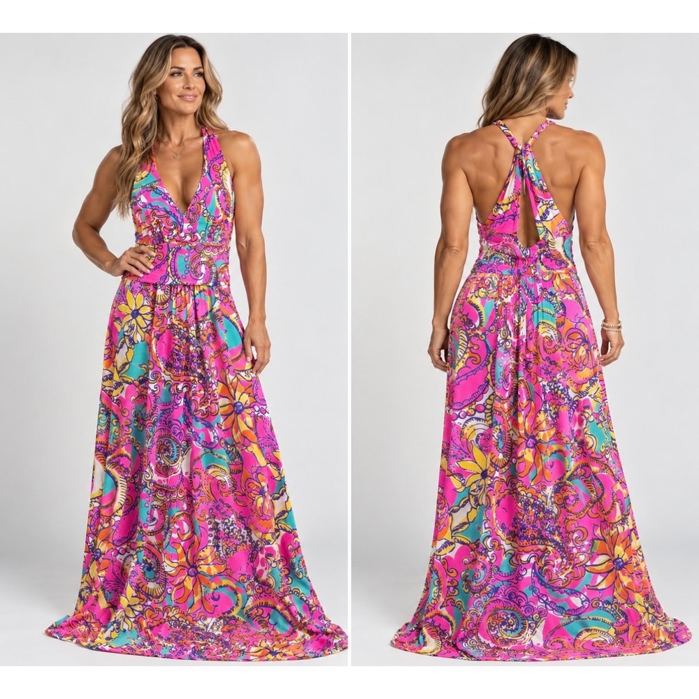 Lilly Pulitzer Maxi Dress Womens L Paisley Halter V-Neck Sleeveless